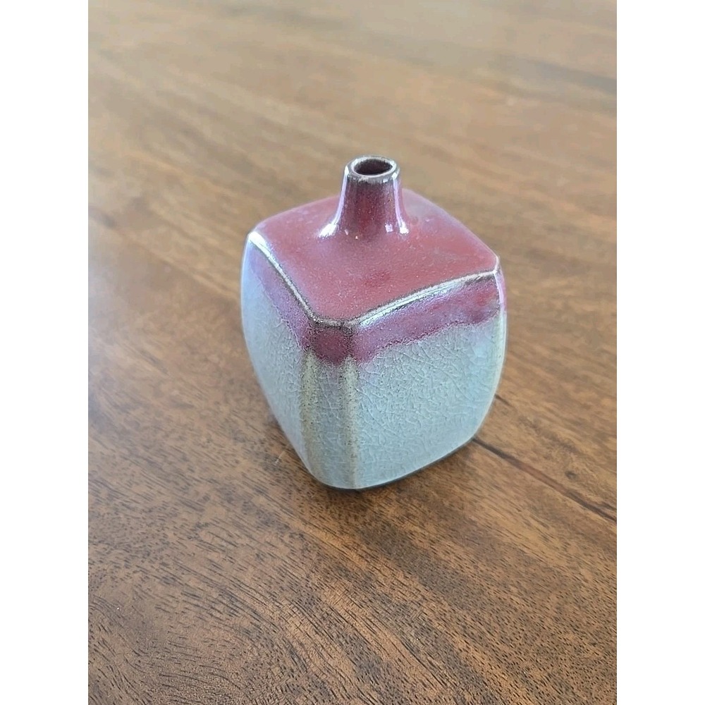 Vintage MCM Takakashi Japan Ceramic Tiny Mouth Bud Vase Maroon/Gray Square
